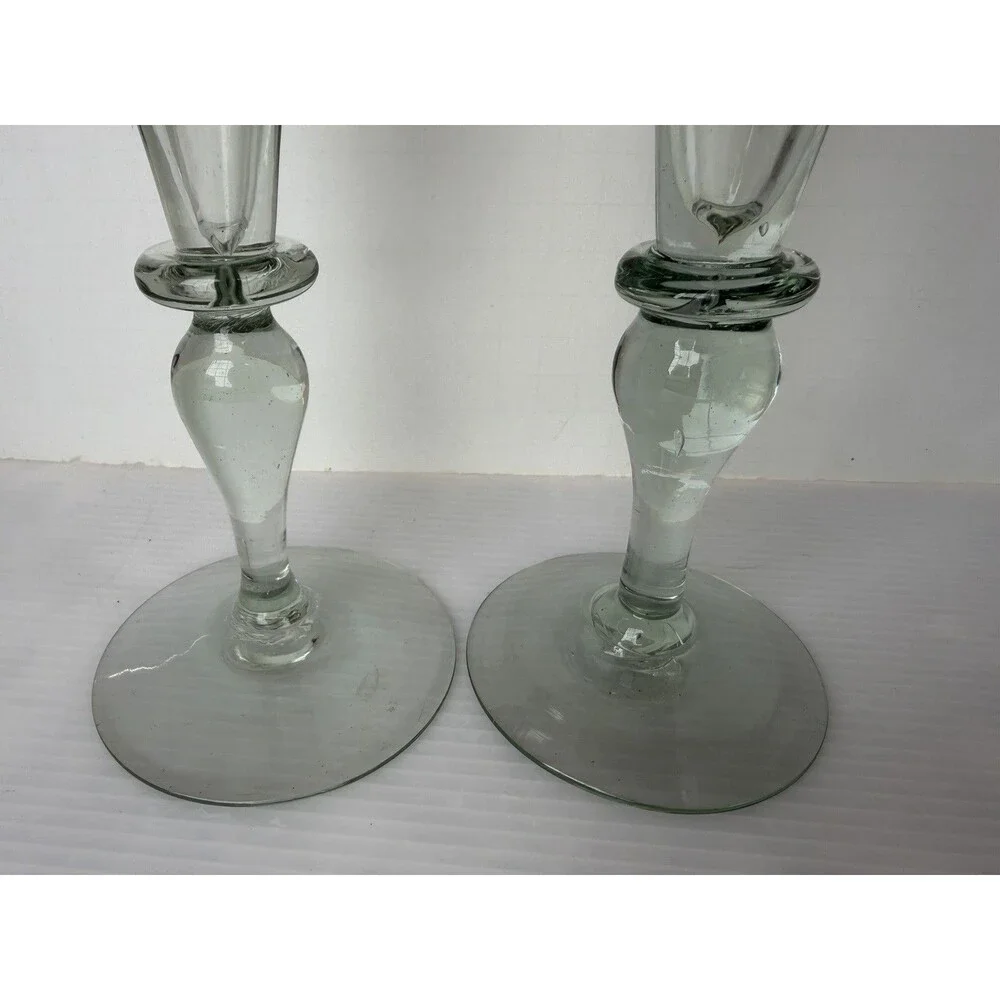 Rios Interiors Hand Blown Etched Champagne Flutes Set of 2 Floral Glass 10” Boho